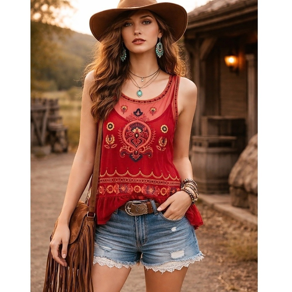 Coco + Jaimeson Women Top L Red Embroidered Sheer Mesh Ruffle Boho Chic Festival